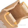 Promotion Custom Durable Recycle Single Bottle Jute Holder See-through PVC Window Burlap Wine Bags with Bamboo Handle